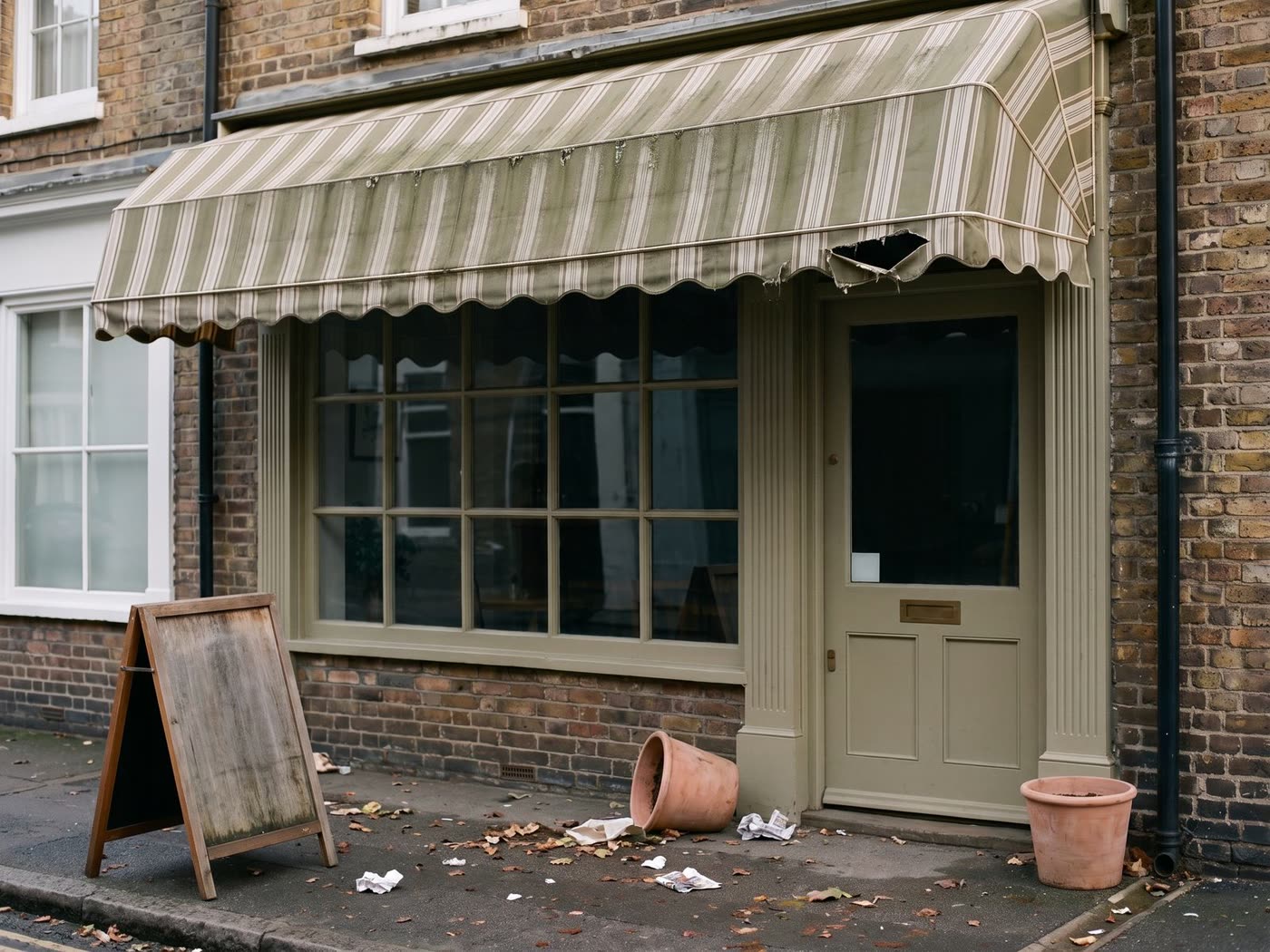 A shut, unlit shopfront on a grey morning, empty pavement, nobody stopping